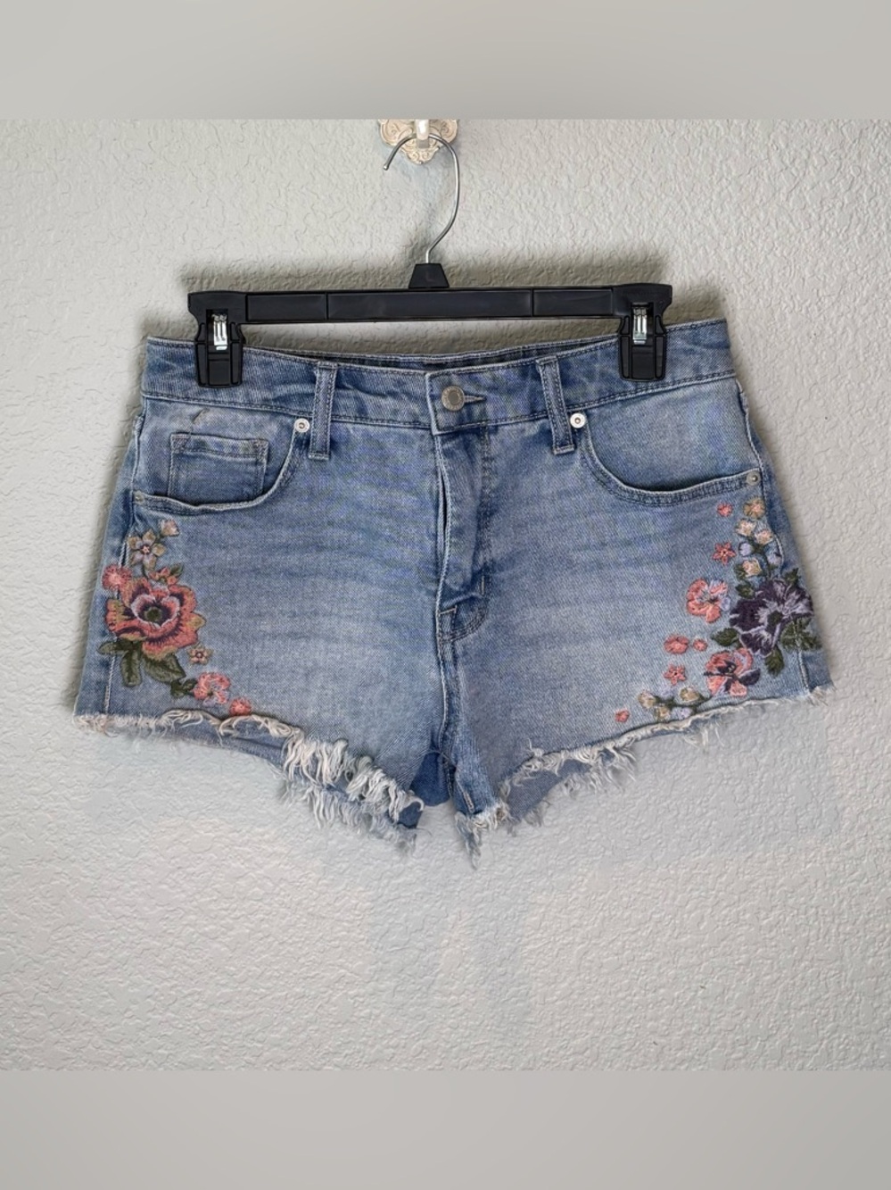 Light Blue Embroidered Denim Cutoff Shorts